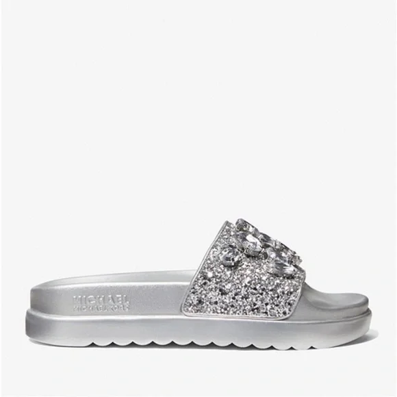 Michael Kors Tyra Silver Glitter Jewel Embellished Slide Sandals Size 9 - Picture 2 of 11